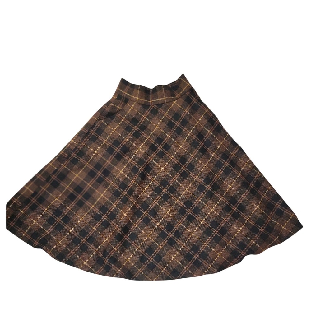 Nikka Brown Black Plaid Virgin Wool Blend Midi A-Line Skirt Womens Size M NWT